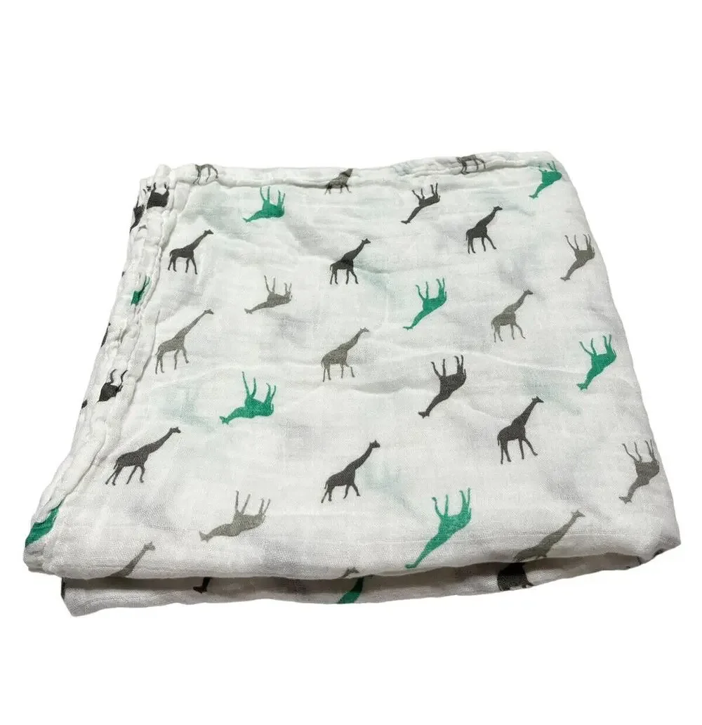Tiny Zone Gray Green Giraffe Muslin Swaddle Baby Blanket Bamboo Cotton Blend